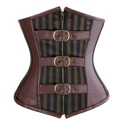 Steel Boned Corset, Brown Satin Stripe Underbust Corset, Cheap Faux Leather Underbust Corset, Women's Waist Cincher Shapewear, #N10558