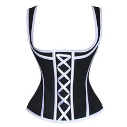 Sexy Black and White Latex Steel Boned Wide Shoulder Straps Laces Bustier Corset N10564