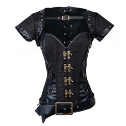 Black Lace and Faux Leather Overbust Corset, Jacket & Belt D-Ring Corset, Steampunk Corset with Detachable Belt and Jacket, Black Steel Bone Corset, #N10614