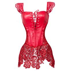 Steampunk Red Corset with Lace Skirt, Sexy Lace Trim Skirt Corset, Women's Hot Sale Plus Size Corset, Faux Leather Skirt Corset, #N10615