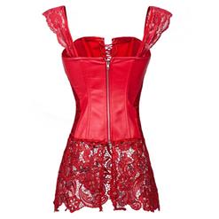 Steampunk Sexy Red Faux Leather Long Lace Embellished Corset with Lace Skirt N10615