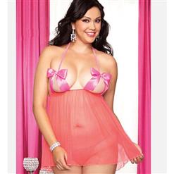 Plus Size Sexy Pink Halter Bow Trim Babydoll Lingerie N10739