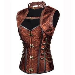 Steampunk Sexy Brown Jacquard Steel Boned High Neck Corset with Jacket N10844