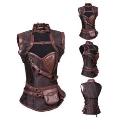 Steampunk Brown Steel Boned High Neck Jacquard Corset with Jacket N10846