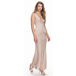 Sexy Apricot Deep-V Neckline Pleats Long Gown N10867