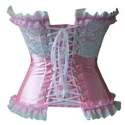 Sexy Sweety Pink and White Artificial Silk Lace Ruffles Overbust Corset N10886