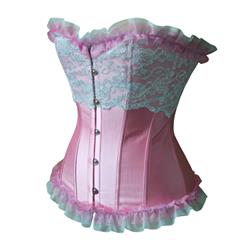 Sexy Sweety Pink and White Artificial Silk Lace Ruffles Overbust Corset N10886