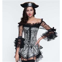 Sexy Grey Corset and Black Dress, Brocade Jacquard Corset & Black Lace Dress, Cheap Halloween Costume, Women's Pirate Costume, #N10896