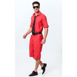 Men's Red Short Sleeves Jumpsuit Suit with Tie and Belt N10928