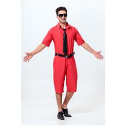 Men's Red Short Sleeves Jumpsuit Suit with Tie and Belt N10928