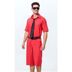 Red Jumpsuit Men, Cheap Short Jumpsuit, Casual Jumpsuit with Tie and Belt, Men's One-piece Jumpsuit, #N10928