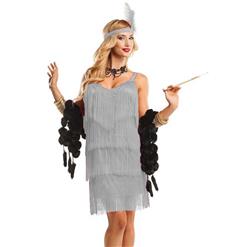 Women's Fringe Flapper Costume, Silver Tiered  Dancing Costume, Sexy Flapper Adult Costume, Halloween Costume, #N10943