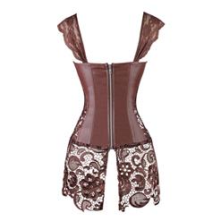 Steampunk Coffee-Brown Faux Leather Long Lace Embellished Corset with Lace Skirt N11023