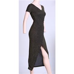 Sexy Black-Gold Split-front Short Sleeves Bodycon Dress N11044