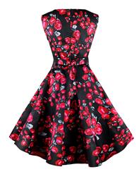 1950's Vintage Retro Black and Red Rose Floral Print Party Cocktail Tea Dress N11066