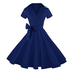 Vintage Navy-Blue Short Sleeves Swing Rockabilly Ball Party Casual Dress N11090