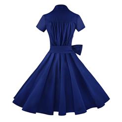 Vintage Navy-Blue Short Sleeves Swing Rockabilly Ball Party Casual Dress N11090