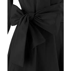 Women's Black Deep-V Neck Half Sleeve Bow Belt Vintage Casual Swing Dress N11096