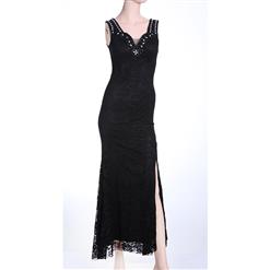 Sexy Black V-neck Crystal Beads Long Formal Evening Dress N11165