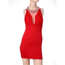 Hot Sexy Red Jewels Neck Club Party Bodycon Mini Dress N11171