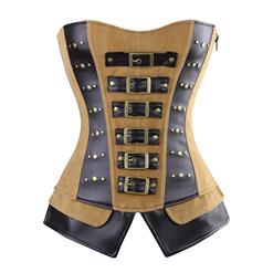 Steampunk Vintage Brown Faux Leather Buckles Bustier Corset with Zipper N11184