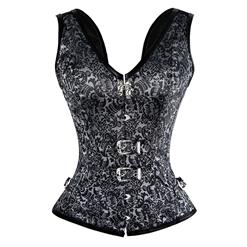 Vested Brocade Gothic Overbust Corset, Steel Boned Corset, Steampunk Corset Vest for Women, Gothic Black Dupion Thick Strap Overbust Corset, #N11458