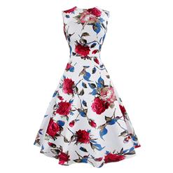 Elegant 1950's Vintage Floral Print Sleeveless Casual Cocktail Party Swing Dress N11519