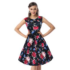 Elegant 1950's Vintage Floral Print Sleeveless Casual Cocktail Party Swing Dress N11520