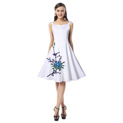 Elegant Vintage White Embroidery Floral Print Dress N11542