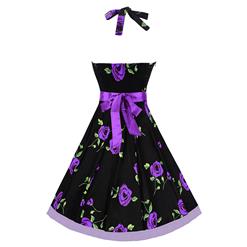 Elegant 1950's Vintage Black Halter Floral Print Casual Swing Dress N11590