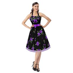 Elegant 1950's Vintage Black Halter Floral Print Casual Swing Dress N11590
