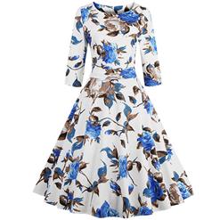 1950's Vintage White Half Sleeve Floral Print Casual Cocktail Party Swing Dress N11643