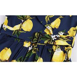 1950's Vintage Lemon Print Turn down collar Half Sleeve Belt Casual Swing Dress N11649