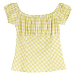 Sexy Yellow Plaid Short Sleeve Off Shoulder T-shirt N12176