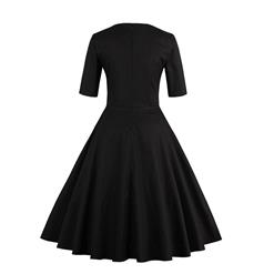 1950's Vintage Black Short Sleeves Casual Cocktail Party Dress N12291