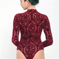 Retro Floral Print Red Mesh Mock Neck Bodysuit Romper N12661
