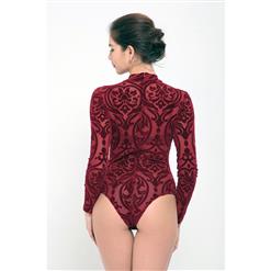 Retro Floral Print Red Mesh Mock Neck Bodysuit Romper N12661