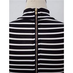 Black&White Stripe Print Mock Neck Long Sleeve Bodysuit Romper N12666