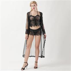 Sexy Perspective Black Lace Babydoll Robe Set N12748