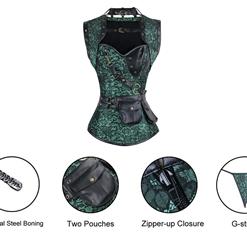 Steampunk Gothic Green Overbust Corset and Vintage Satin Skirt Set N13047