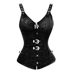 Vested Brocade Gothic Overbust Corset, Steel Boned Corset, Steampunk Corset Vest for Women, Gothic Black Strap Overbust Corset, #N13089