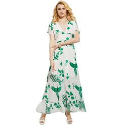 Sexy Short Sleeves Floral Print Pleated Summer Beach Maxi Dress N14001