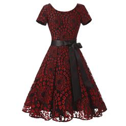 Vintage Floral Lace Short Sleeve Evening Party Swing Dress N14004