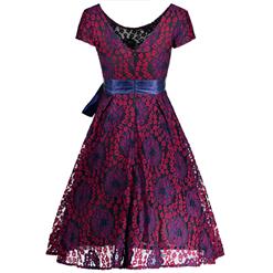 Vintage Floral Lace Short Sleeve Evening Party Swing Dress N14008