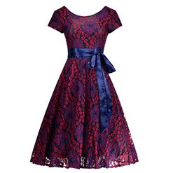 Vintage Floral Lace Short Sleeve Evening Party Swing Dress N14008