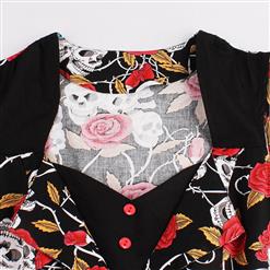Classical Vintage Women Split Joint Skull Rose Print Swing Dress N14021