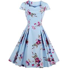 Classical Vintage Women Short Sleeves Floral Print Swing Dress N14025