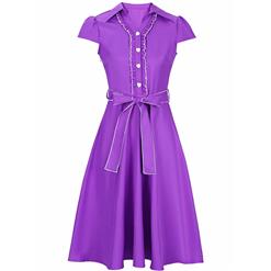 Women's Vintage V Neck Cap Sleeves Turndown Collar Purple Shirt DressN14050