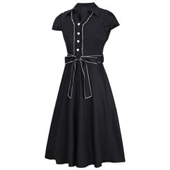 Women's Vintage V Neck Cap Sleeves Turndown Collar Black  Shirt DressN14051