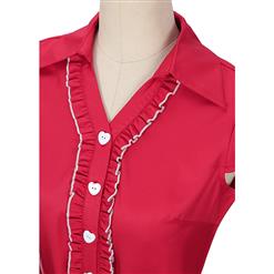 Women's Vintage V Neck Cap Sleeves Turndown Collar Red  Shirt DressN14052
